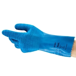 AlphaTec® 113919 Chemical Resistant Glove, 10, Natural Rubber Latex, Blue, Cotton Lining, 13 in L, Resists: Abrasion/Chemical/Cut/Heat/Puncture and Tear, Gauntlet Cuff, 53.1 mil THK