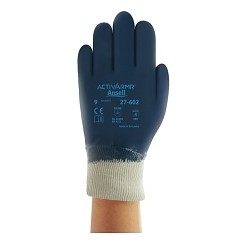 ActivArmr® 205858 27-602 Industrial Grade Work Gloves, 10, Cotton Jersey/Nitrile, Blue/White, Knit Wrist Cuff, Nitrile Coating, Resists: Abrasion, Cut, Grease and Oil