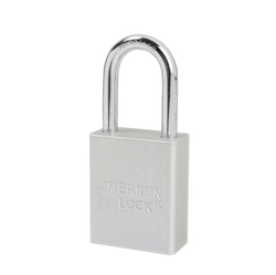American Lock® A1106CLR Safety Padlock, Different Key, Silver, Anodized Aluminum Body, 1/4 in Dia x 1-1/2 in H x 25/32 in W Polished Chrome Boron Alloy Steel Shackle, Conductive Conductivity