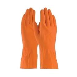 Assurance? 48-L185T/L Medium Weight Chemical-Resistant Gloves, Orange, Flock Lining, 12 in L, Resists: Acids/Ketones/Snag and Tear, Unsupported Support, Beaded Cuff, 18 mil THK