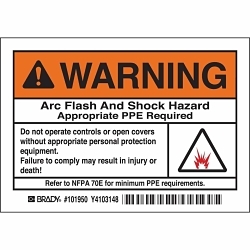 Brady® 101950 High Performance Laminated Non-Reflective Rectangular Self-Adhesive Arc Flash Protection Label, 5 in W, Black/Orange on White, B-302 Polyester, 5 per Pack Labels