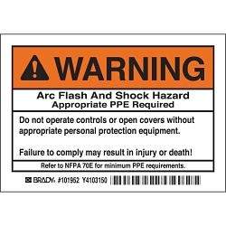 Brady® 101952 High Performance Laminated Non-Reflective Rectangular Self-Adhesive Arc Flash Protection Label, 5 in W, Black/Orange on White, B-302 Polyester, 5 per Pack Labels