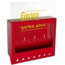 Brady® 105714 Empty Group Lockout Box, 7 Padlocks, Sliding Lexan Door, Yellow on Red, 7 in H x 8 in W x 2-1/2 in D, Wall Mount, 7 Key Hooks