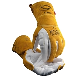Caiman® 1540-3 Premium Grade Welding Gloves, S, Grain Goatskin/Split Cowhide Leather/Kevlar® Stitching, Gold/White, Unlined Lining, Gauntlet Cuff