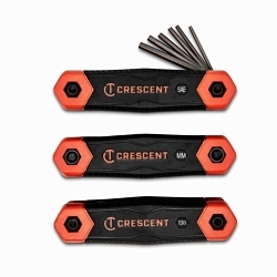 CrescentĀ® Hex and TorxĀ® CHK3PC Folding Standard Length Key Set, 3 Pieces, 5/64 to 1/4 in and 1.5 to 8 mm Hex, T9 to T40 Torx, Hex/TorxĀ® Drive, Comfort Grip Handle, ASME B18.3.2M/B18.3, Alloy Steel, Black