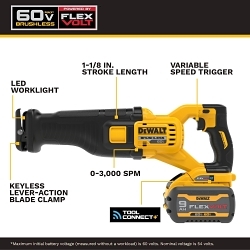 DeWALT® DCS301X1 Reciprocating Saw, 1-1/8 in L Stroke, 0 to 3000 spm, 60 V, 21.2 in OAL