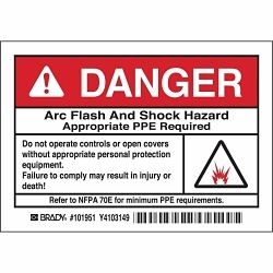 Brady® 101951 High Performance Laminated Non-Reflective Rectangular Self-Adhesive Arc Flash Protection Label, 5 in W, Black/Red on White, B-302 Polyester, 5 per Pack Labels