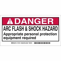 Brady® 101518 Laminated Non-Reflective Rectangular Self-Adhesive Arc Flash Protection Label, 4 in W, DANGER ARC FLASH & SHOCK HAZARD APPROPRIATE PERSONAL PROTECTION EQUIPMENT REQUIRED Legend, Black/Red on White, B-302 Polyester, 100 per Roll Labels