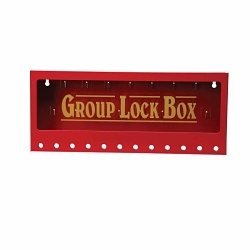 Brady® 105715 Empty Large Lock Box, 12 Padlocks, Sliding Acrylic Door, Yellow on Red, 7 in H x 16 in W x 2-1/4 in D, Wall Mount, 15 Key Hooks