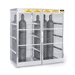 Justrite® 23007 Vertical Compressed Gas Cylinder Locker, Up to 20 Cylinders, 65 in H x 60 in W x 32 in D, Aluminum Roof, Welded Aluminum, Aluminum