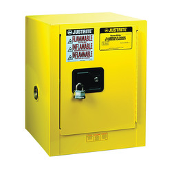 Justrite® 890420 Sure-Grip® EX Countertop Flammable Safety Cabinet, 4 gal Capacity, Recessed Paddle Handle, 22 in H x 17 in W x 17 in D, Self-Close Door, 1 Doors, 1 Shelves, Cold Rolled Steel, Yellow