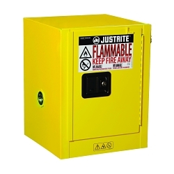 Justrite® 890420 Sure-Grip® EX Countertop Flammable Safety Cabinet, 4 gal Capacity, Recessed Paddle Handle, 22 in H x 17 in W x 17 in D, Self-Close Door, 1 Doors, 1 Shelves, Cold Rolled Steel, Yellow