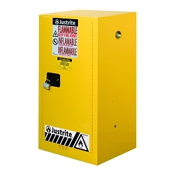 Justrite® 891500 Sure-Grip® EX Compac Flammable Safety Cabinet, 15 gal Capacity, Recessed Paddle Handle, 44 in H x 23-1/4 in W x 18 in D, Manual Close Door, 1 Doors, 1 Shelves, Cold Rolled Steel, Yellow