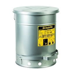 Justrite® 09304 Foot Operated Oily Waste Can With Self-Closing SoundGard™ Cover, 10 gal Capacity, 13.938 in Dia x 18-1/4 in H, Steel, Silver