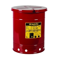 Justrite® 09310 Hand Operated Oily Waste Can, 10 gal Capacity, 13.938 in Dia x 18-1/4 in H, Steel, Red