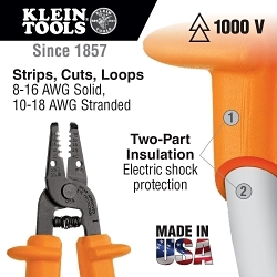Klein® 11049-INS Self-Opening Wire Stripper/Cutter, 16 to 8 AWG Stranded Cable, 7 in OAL, Steel Body