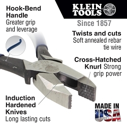 Klein® 213-9ST Square Nose Ironworker's Plier With Plain Handle, 1.594 in L x 1.25 in W x 0.625 in THK Jaw, Aggressive Knurled Jaw Surface, 9-1/4 in OAL