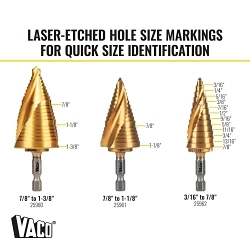 Klein® 25951 Vaco Drill Bit Kit, 3/16, 7/8 in Dia Min Hole, 7/8, 1-1/8, 1-3/8 in Dia Max Hole, 17 Steps, HSS, 17 Hole Sizes, 1/4 in Shank