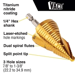 Klein® 25960 Vaco Drill Bit Kit, 7/8 in Dia Min Hole, 1-3/8 in Dia Max Hole, 3 Steps, HSS, 3 Hole Sizes, 1/4 in Shank