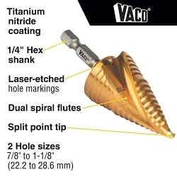 Klein® 25961 Vaco Drill Bit Kit, 7/8 in Dia Min Hole, 1-1/8 in Dia Max Hole, 2 Steps, HSS, 2 Hole Sizes, 1/4 in Shank