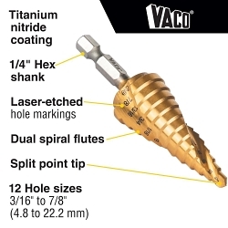 Klein® 25962 Vaco Drill Bit Kit, 3/16 in Dia Min Hole, 7/8 in Dia Max Hole, 12 Steps, HSS, 12 Hole Sizes, 1/4 in Shank