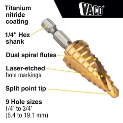 Klein® 25963 Vaco Drill Bit Kit, 1/4 in Dia Min Hole, 3/4 in Dia Max Hole, 9 Steps, HSS, 9 Hole Sizes, 1/4 in Shank