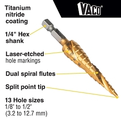 Klein® 25964 Vaco Drill Bit Kit, 1/8 in Dia Min Hole, 1/2 in Dia Max Hole, 13 Steps, HSS, 13 Hole Sizes, 1/4 in Shank