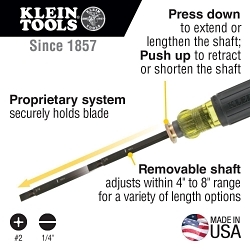 Klein® 32751 Adjustable Length Screwdriver, #2, 1/4 in Phillips®/Slotted Point, 13-3/8 in OAL, Rubber Handle