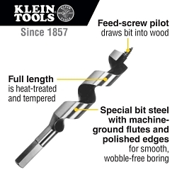 Klein® 53408 Ship Auger Bit, 1-1/8 in Dia, 6 in OAL, 4 in L Spiral Flute, 0.4 in Shank
