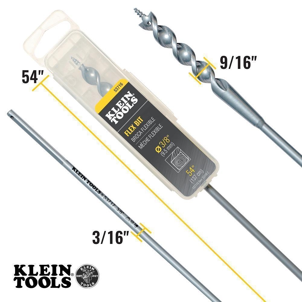 KleinĀ® 53716 Flexible Long Auger Bit With Screw Point, 3/8 in Dia, 54 in OAL, Screw Point, Oxide Treated