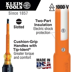 Klein® 601-4-INS Screwdriver, 3/16 in Cabinet Point, Steel Shank, 7-3/4 in OAL, Plastic Handle, ASTM F1505
