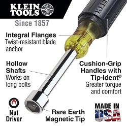 Klein® 610M Stubby Magnetic Nutdriver Set, 1/4 to 5/16 in, 2 Pieces, 3-1/2 in OAL, Cushion Grip Handle, Steel