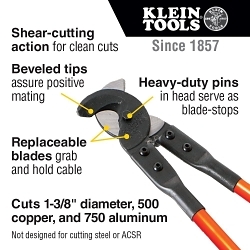 Klein® 63041 Standard Cable Cutter, 1-3/8 in Cable/Wire, 25 in OAL, For Wire THK 500 kcmil Copper/750 kcmil Aluminum, Forged Steel Jaw