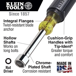 Klein® 633 Nutdriver Set, 1/4 to 9/16 in, 4 Pieces, 6-3/4 in OAL, Cushion Grip Handle, Polished Chrome