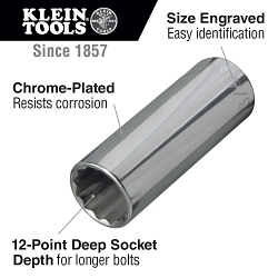 Klein® 65514 Deep Socket Wrench Set, 12 Points, 1/2 in Drive, 8 Pieces, Hex, Included Socket Size: 1/2 in, 9/16 in, 5/8 in, 11/16 in, 3/4 in, 13/16 in, 7/8 in, 15/16 in