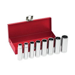 Klein® 65514 Deep Socket Wrench Set, 12 Points, 1/2 in Drive, 8 Pieces, Hex, Included Socket Size: 1/2 in, 9/16 in, 5/8 in, 11/16 in, 3/4 in, 13/16 in, 7/8 in, 15/16 in
