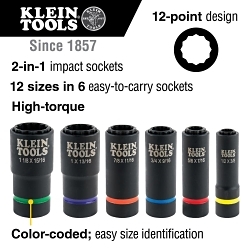 Klein® 66010 2-in-1 Impact Socket Set, ASME B107.2, 12 Points, 1/2 in Drive, 6 Pieces, Included Socket Size: 1-1/8 x 15/16 in, 1 x 13/16 in, 7/8 x 11/16 in, 3/4 x 9/16 in, 5/8 x 7/16 in and 1/2 x 3/8 in, Carrying Case Container