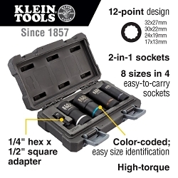 Klein® 66050E 2-in-1 Impact Socket Set, ASME B107.33M, AISI 4140, 12 Points, 1/2 in Drive, 5 Pieces, Square, Included Socket Size: 32 x 27 mm, 30 x 22 mm, 24 x 19 mm and 17 x 13 mm, Case Container