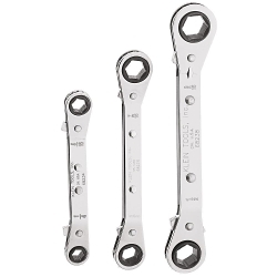 Klein® 68244 Offset Ratcheting Reversible Box Wrench Set, 3 Pieces, 1/4 x 5/16 in, 3/8 x 7/16 in, 1/2 x 9/16 in, Polished Chrome