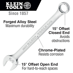 Klein® 68418 Combination Wrench, 3/4 in Wrench, 12 Points, 15 deg Offset, 9-7/8 in OAL, Forged Alloy Steel, Polished Chrome/Nickel Plated