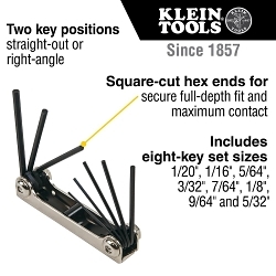 Klein® 70581 2-Position Folding Hex Key Set, 8 Pieces, 1/20 to 5/32 in Hex, Alloy Steel, Black Oxide