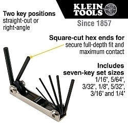 Klein® 70582 2-Position Folding Hex Key Set, 7 Pieces, 1.5 to 6 mm Hex, Alloy Steel, Polished Chrome/Nickel Plated