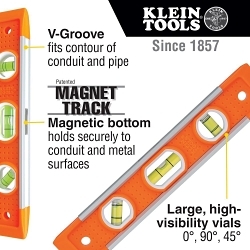 Klein® 935 Rare Earth Magnet Torpedo Level, 9 in L, 3 Vials, Plastic, 0/45/90 deg Vial Position, 0.1 % Accuracy