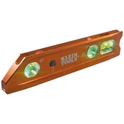 Klein® 935RBLT Lighted Rare Earth Magnet Billet Torpedo Level, 9 in L, 4 Vials, Aluminum, 0/30/45/90 deg Vial Position, 0.1 % Accuracy