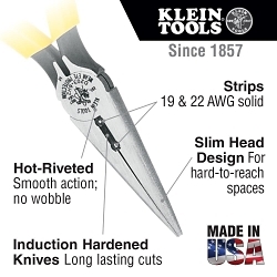 Klein® D203-6H2 Side Cutting Standard Long Nose Plier, Knurled Steel Jaw, 1-7/8 in L x 0.688 in W Jaw, 6-5/8 in OAL