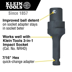 Klein® NRHDA Impact Socket Adapter, Hex Drive, 7/16 in Male Drive, 7/16 in Female Drive
