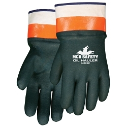 MCR Safety 6410SC Oil Hauler Premium Grade General Purpose Gloves, Wing Thumb Style, Hunter Green/Hi-Viz Orange/White Logo, Safety Cuff, PVC with Sandy Finish Coating, Resists: Abrasion, Cut, Puncture and Tear, Jersey Lining
