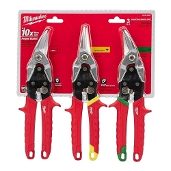 Milwaukee® 48-22-4533 3-Piece Aviation Snip Set, 18 ga Cold Rolled Steel/22 ga Stainless Steel Cutting, 5 in L of Cut, Left/Right/Straight Snip, Steel Blade