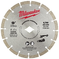 Milwaukee® 49-93-7025 16-Segment Premium Diamond Saw Blade, 9 in Dia Blade, 5/8 in, 7/8 in Arbor/Shank, Wet/Dry Cutting