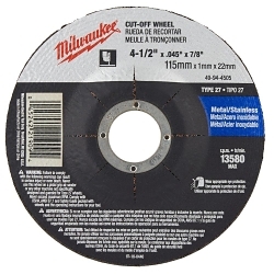 Milwaukee® 49-94-4505 Type 27 Reinforced Cut-Off Wheel, 4-1/2 in Dia x 0.045 in THK, 7/8 in Center Hole, 60 Grit, Aluminum Oxide Abrasive